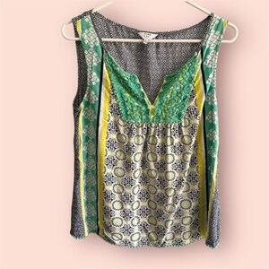 Crown & Ivy Swing Tank Top sz PM Blue Green Yellow White Lace Trim Pom Poms